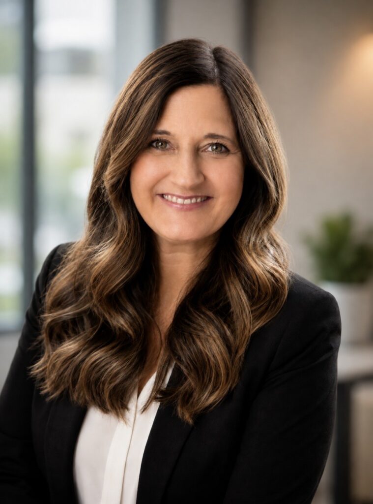 Professional headshot of a smiling woman with long brown hair wearing a black blazer over a white blouse against a softly blurred office background.