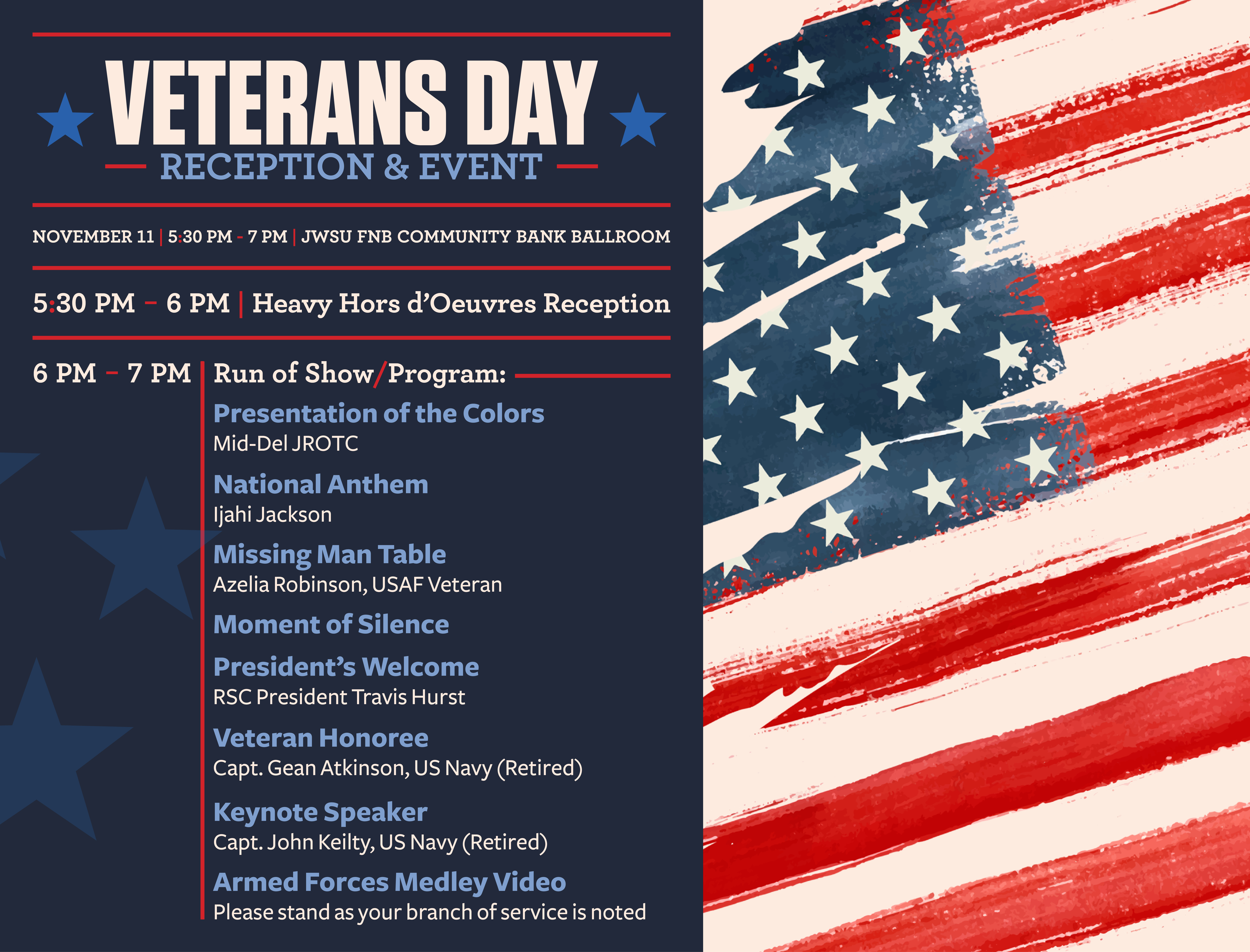 Veterans Day Reception and Event flyer with a painted American flag design. The event takes place November 11 from 5:30 to 7 p.m. in the JWSU FNB Community Bank Ballroom. The schedule lists a heavy hors d’oeuvres reception, followed by presentations including the Presentation of the Colors by Mid-Del JROTC, the National Anthem by Ijahi Jackson, a Missing Man Table ceremony by Azelia Robinson, a moment of silence, a welcome from RSC President Travis Hurst, recognition of Veteran Honoree Capt. Gean Atkinson (US Navy, Retired), a keynote by Capt. John Keilty (US Navy, Retired), and an Armed Forces Medley video.