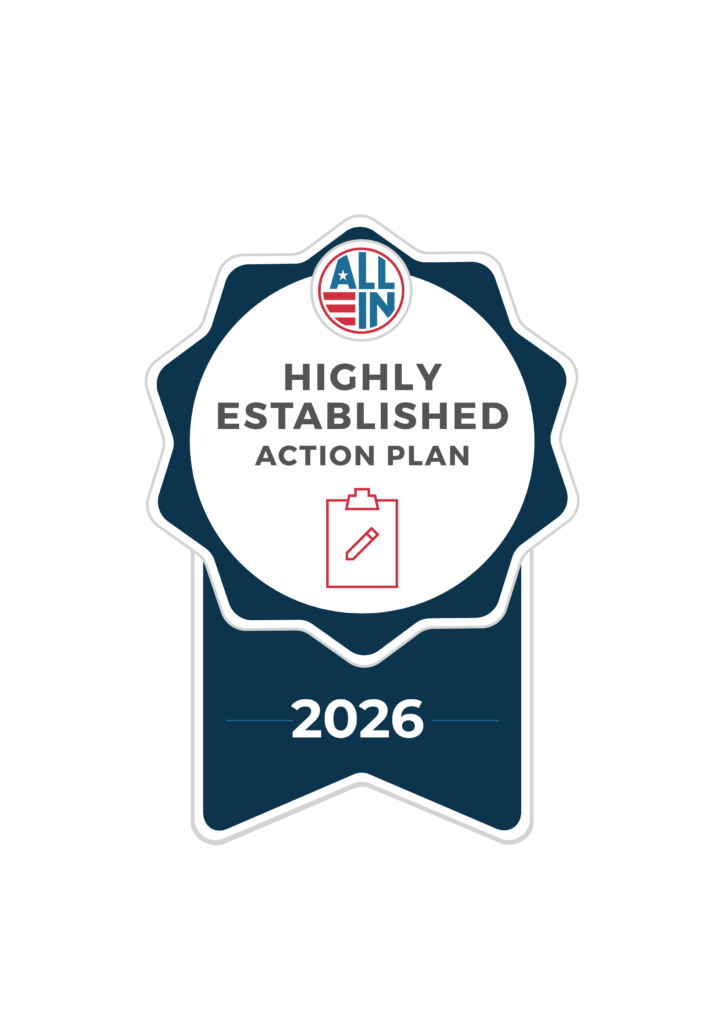 Graphic badge with “All In” logo reading “Highly Established Action Plan” and “2026,” with an icon of a clipboard and pencil.