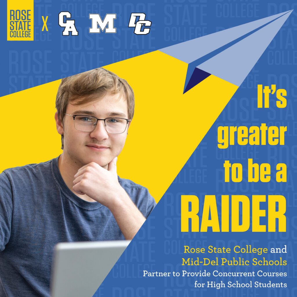 Promotional graphic showing a student using a laptop with text about Rose State College and Mid-Del Public Schools partnering to offer concurrent courses for high school students.