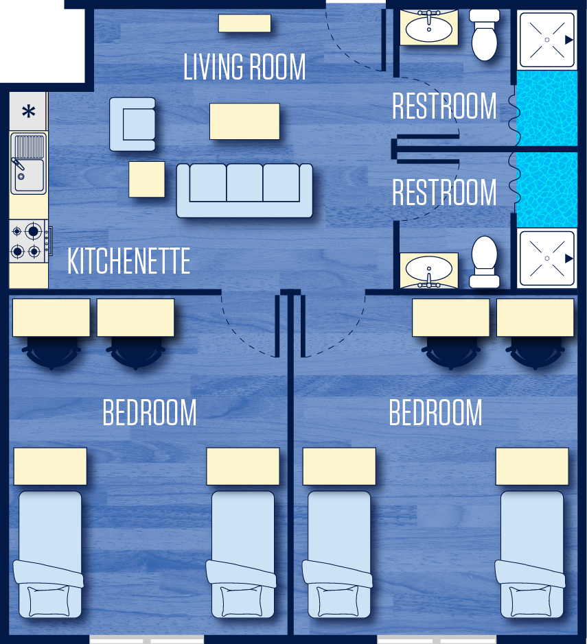**Alt text:** Floor plan of a two-bedroom pod-style apartment featuring two double-occupancy bedrooms, a shared living room, a kitchenette, and two private restrooms, each with a sink, toilet, and shower.