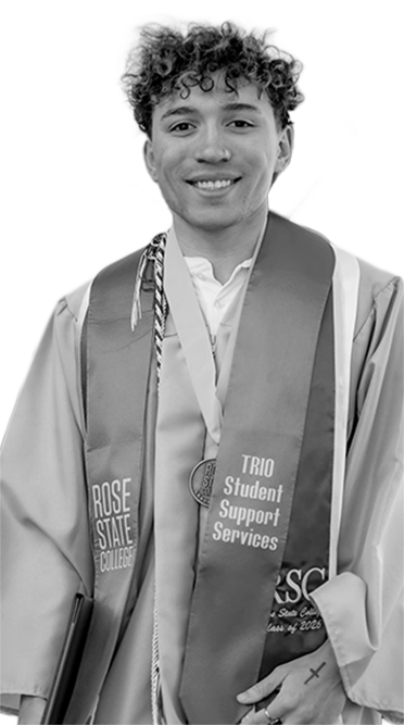 Rose State College graduate wearing a graduation gown, honor cords, medal, and TRIO Student Support Services stole smiles while posing for a commencement portrait.