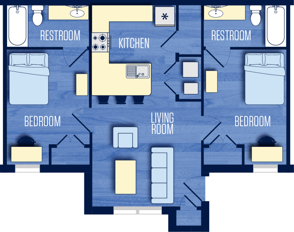 Floor plan of a two-bedroom apartment featuring two private bedrooms, two private restrooms, a full kitchen with bar seating, a central living room, and a dining area.