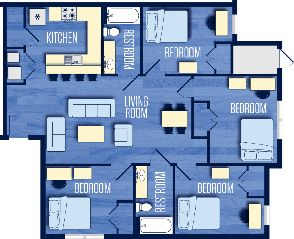 Floor plan of a four-bedroom apartment featuring four private bedrooms, two shared restrooms, a full kitchen with bar seating, a central living room, and a dining area.