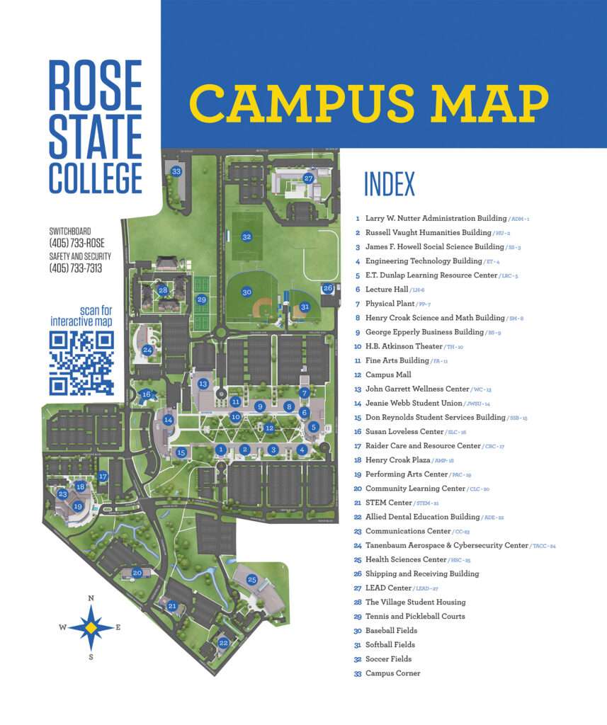 Map of the Rose State College campus showing the locations of academic buildings, student services, athletic facilities, parking lots, roads, and campus landmarks. An index identifies 33 numbered locations. A QR code links to an interactive campus map.
